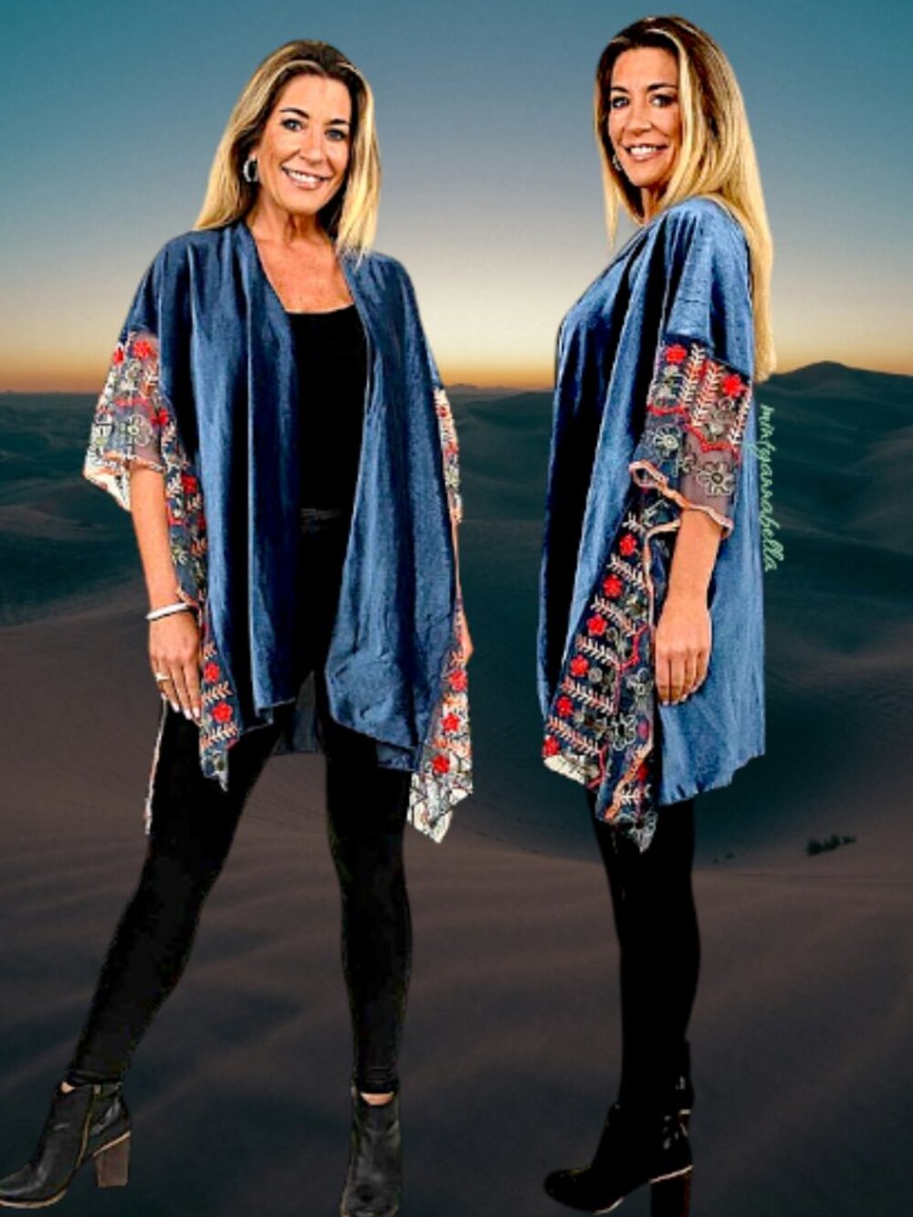 Boho Slate Blue Velvet Embroidered Sleeve Kimono